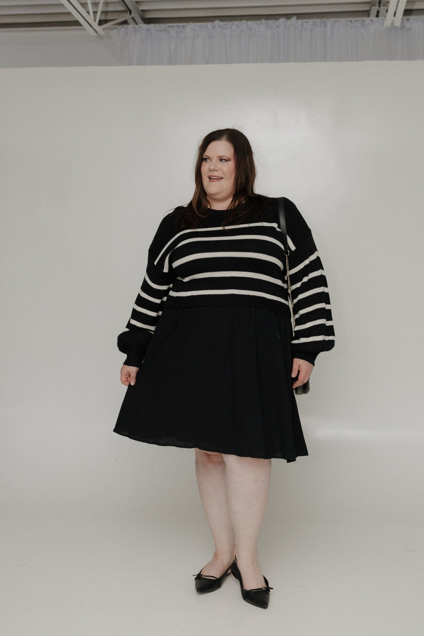 STRIPED SWEATER BODICE DRESS IN BLACK AND CREAM - Love Marlow