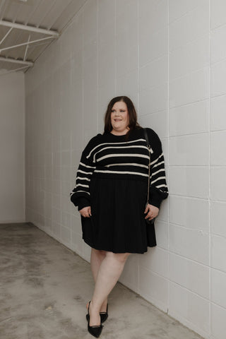 STRIPED SWEATER BODICE DRESS IN BLACK AND CREAM - Love Marlow