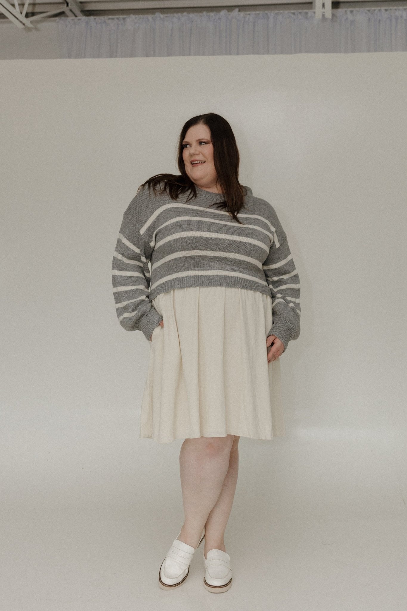 STRIPED SWEATER BODICE DRESS IN LIGHT GREY AND CREAM - Love Marlow