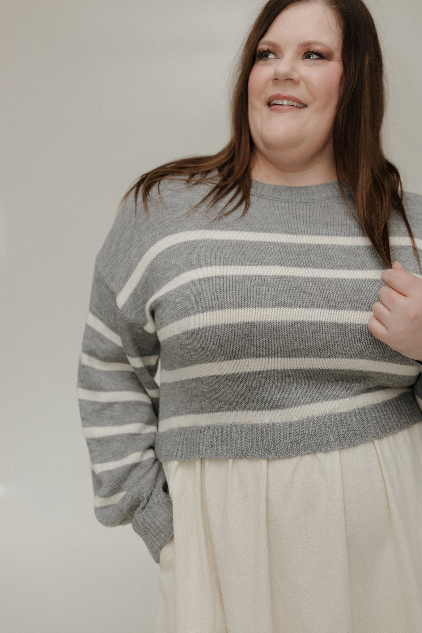 STRIPED SWEATER BODICE DRESS IN LIGHT GREY AND CREAM - Love Marlow
