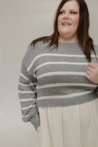 STRIPED SWEATER BODICE DRESS IN LIGHT GREY AND CREAM - Love Marlow