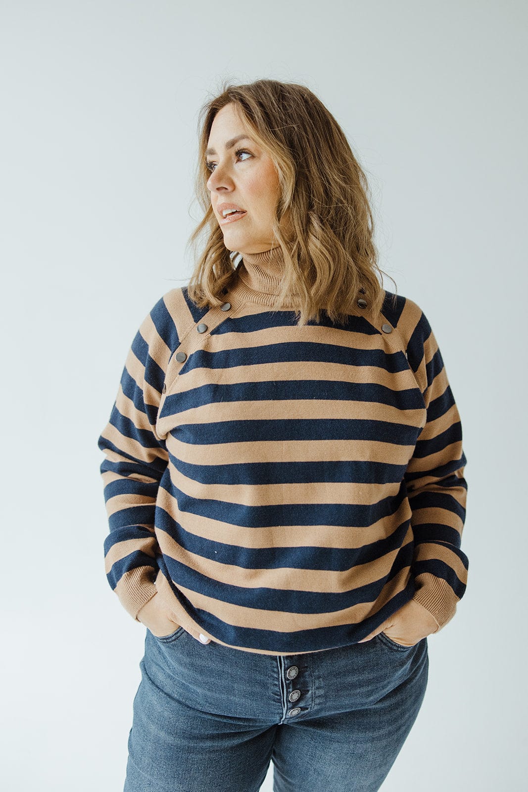 STRIPED TURTLENECK WITH BUTTON DETAIL - Love Marlow