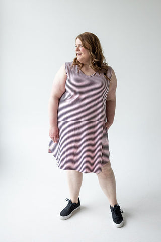 STRIPED V - NECK LUXURY T - SHIRT DRESS IN DAISY MIST - Love Marlow