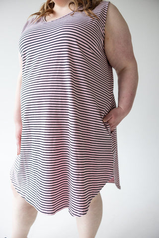 STRIPED V - NECK LUXURY T - SHIRT DRESS IN DAISY MIST - Love Marlow