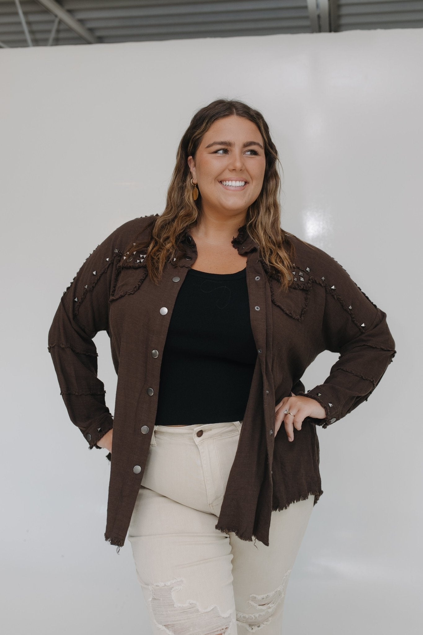 STUDDED BUTTON - DOWN WITH FRAYED HEM - Love Marlow