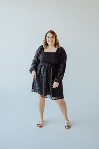 SWISS DOT BUBBLE SLEEVE KNEE LENGTH DRESS IN BLACK-2x Love Marlow SWISS DOT BUBBLE SLEEVE KNEE LENGTH DRESS IN BLACK-2x Love Marlow