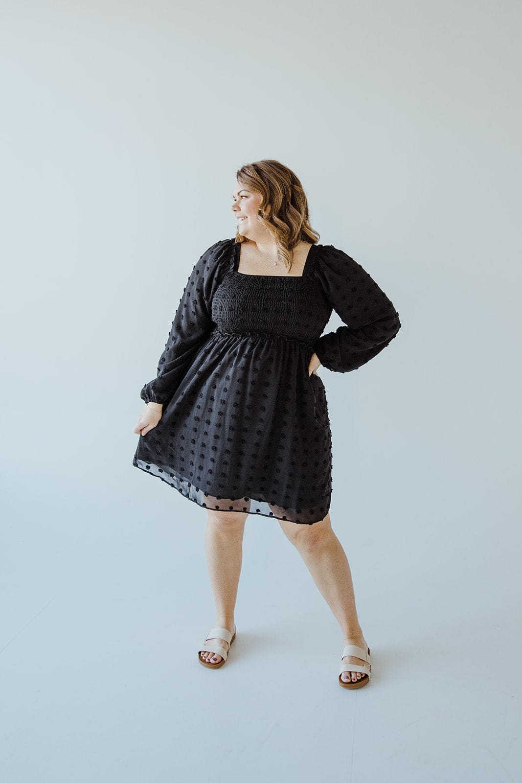 SWISS DOT BUBBLE SLEEVE KNEE LENGTH DRESS IN BLACK-2x  Love Marlow