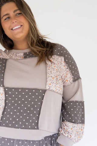 Taupe Floral Polka Dot Patchwork Pullover - Love Marlow