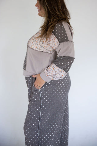 Taupe Floral Polka Dot Patchwork Pullover - Love Marlow