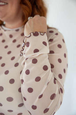 Taupe Polka Dot Mesh Mock Neck Top - Love Marlow