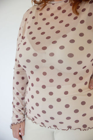 Taupe Polka Dot Mesh Mock Neck Top - Love Marlow