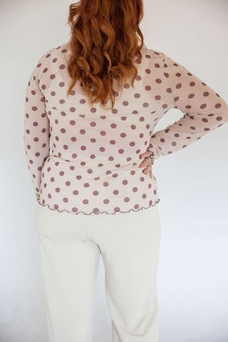 Taupe Polka Dot Mesh Mock Neck Top - Love Marlow