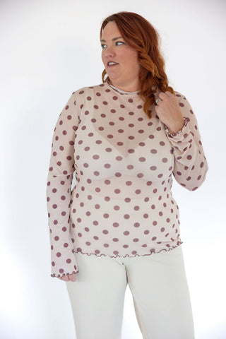 Taupe Polka Dot Mesh Mock Neck Top - Love Marlow