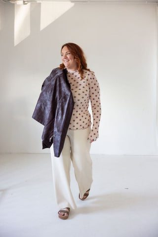 Taupe Polka Dot Mesh Mock Neck Top - Love Marlow