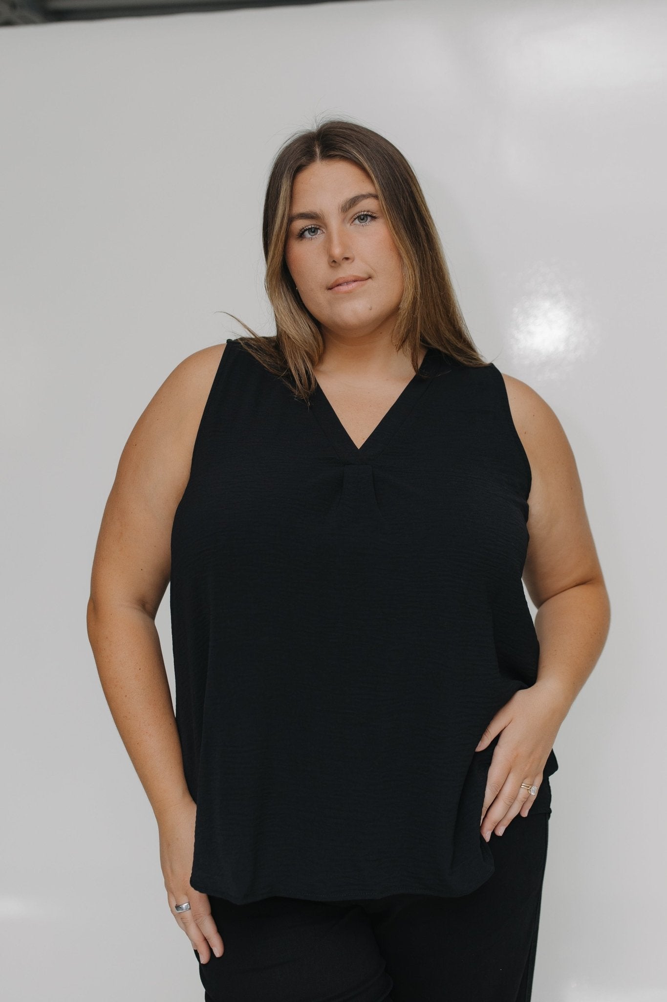 TEXTURE TANK WITH FRONT PLEAT IN BLACK - Love Marlow