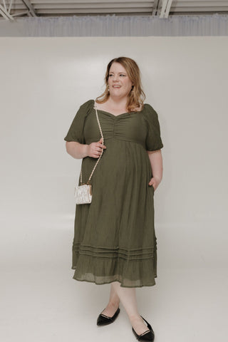 TEXTURED BABYDOLL DRESS WITH PUFF SLEEVE IN DEEP MOSS - Love Marlow