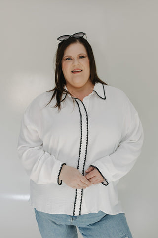 TEXTURED BUTTON - UP BLOUSE WITH CONTRAST STITCHED HEM - Love Marlow
