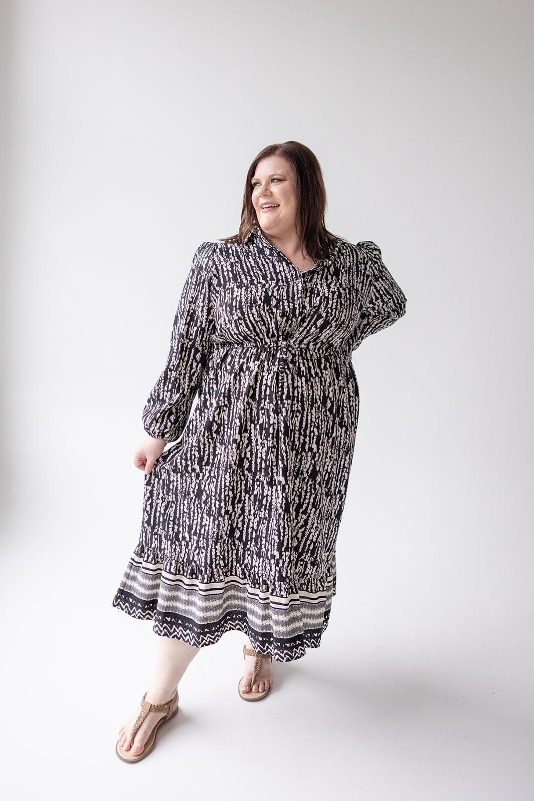 TEXTURED DRESS WITH RUFFLE HEM - Love Marlow