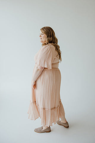 TEXTURED FLUTTER SLEEVE DRESS WITH KICK HEM IN BALLET SLIPPERS - Love Marlow