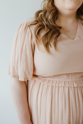 TEXTURED FLUTTER SLEEVE DRESS WITH KICK HEM IN BALLET SLIPPERS - Love Marlow