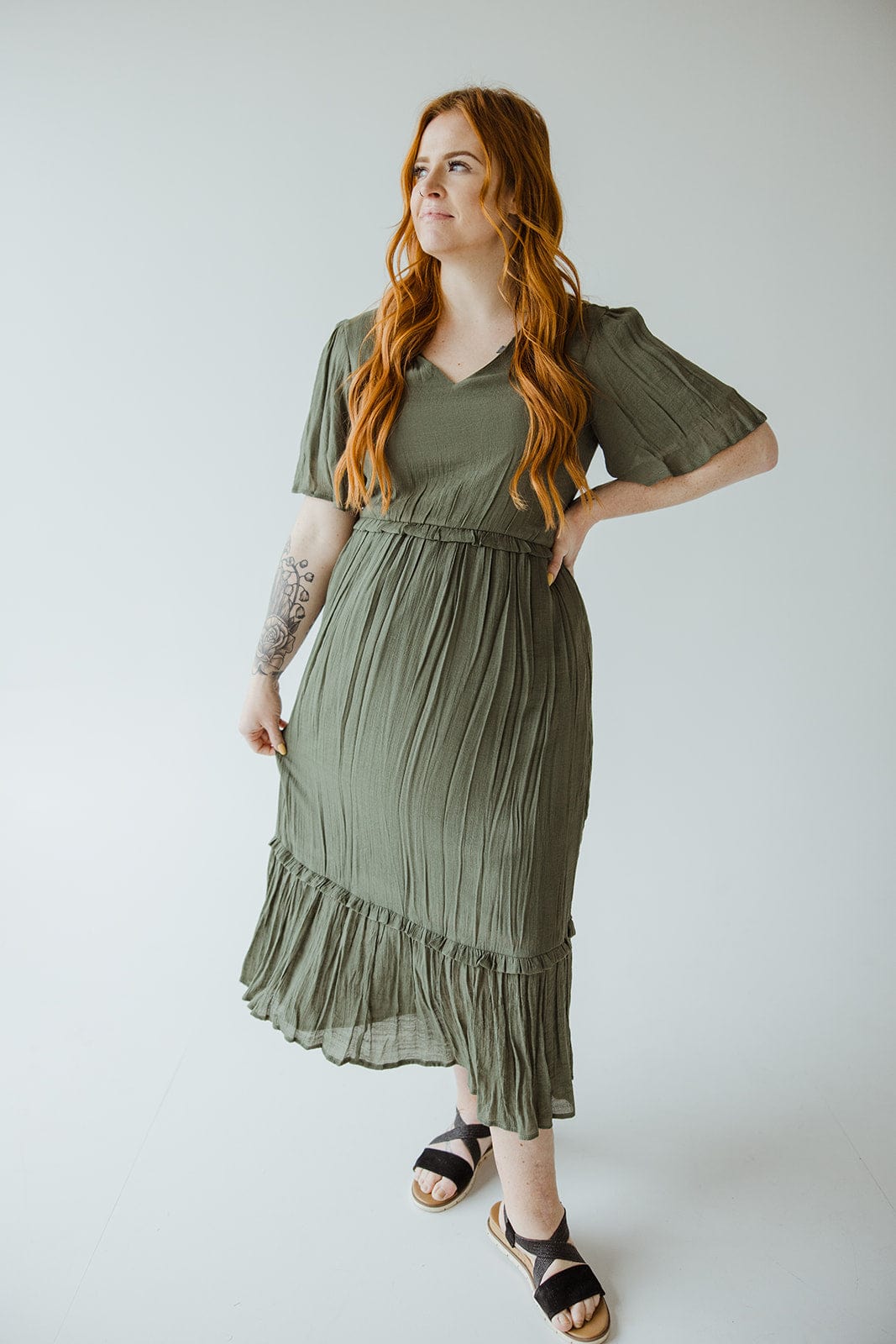 TEXTURED FLUTTER SLEEVE DRESS WITH KICK HEM IN SECLUDED WOODS - 2x - Love Marlow