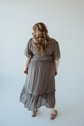 TEXTURED FLUTTER SLEEVE DRESS WITH KICK HEM IN SMOKY OLIVE - Love Marlow