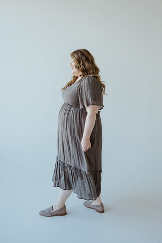 TEXTURED FLUTTER SLEEVE DRESS WITH KICK HEM IN SMOKY OLIVE - Love Marlow