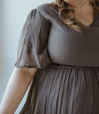 TEXTURED FLUTTER SLEEVE DRESS WITH KICK HEM IN SMOKY OLIVE - Love Marlow