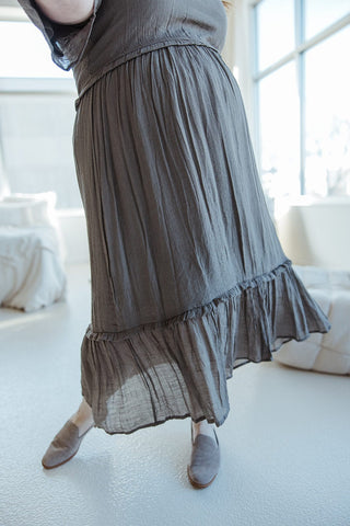 TEXTURED FLUTTER SLEEVE DRESS WITH KICK HEM IN SMOKY OLIVE - Love Marlow