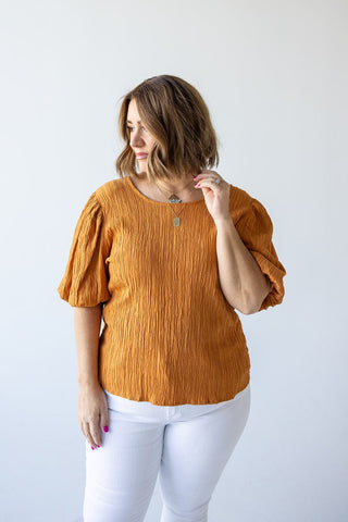 TEXTURED LONG CROP BLOUSE WITH BUBBLE SLEEVE IN AMBER GLOW - Love Marlow