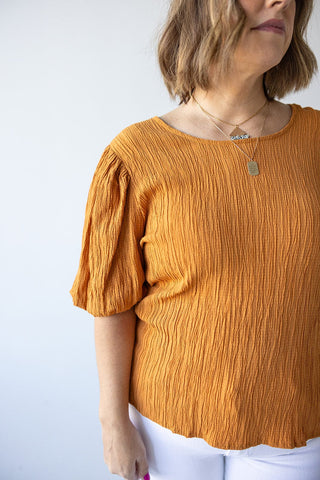 TEXTURED LONG CROP BLOUSE WITH BUBBLE SLEEVE IN AMBER GLOW - Love Marlow
