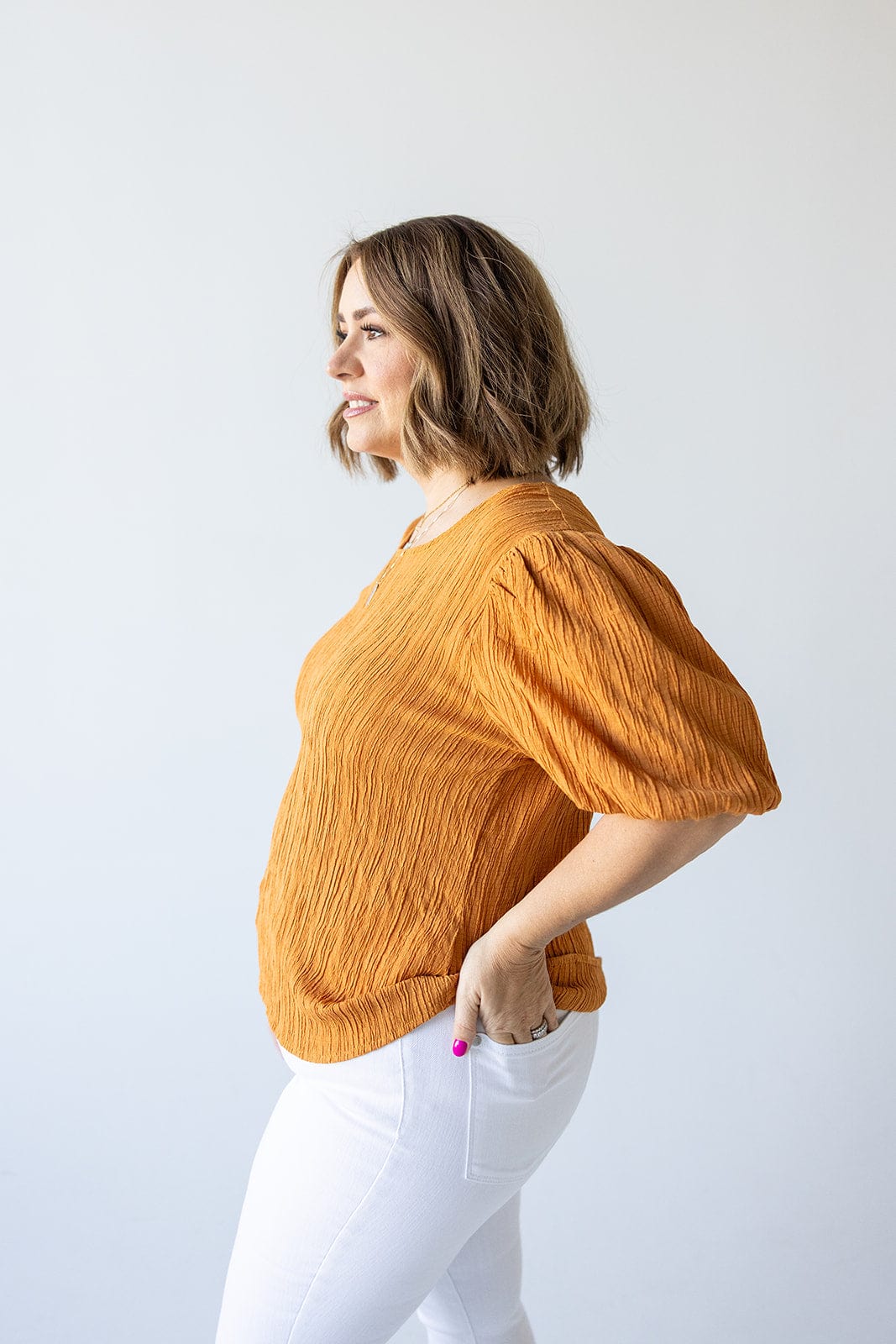 TEXTURED LONG CROP BLOUSE WITH BUBBLE SLEEVE IN AMBER GLOW - Love Marlow
