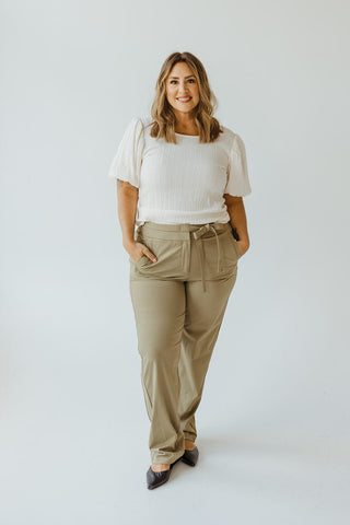 TEXTURED LONG CROP BLOUSE WITH BUBBLE SLEEVE IN EGRET - Love Marlow