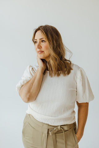 TEXTURED LONG CROP BLOUSE WITH BUBBLE SLEEVE IN EGRET - Love Marlow