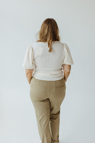 TEXTURED LONG CROP BLOUSE WITH BUBBLE SLEEVE IN EGRET - Love Marlow