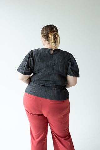 TEXTURED LONG CROP BLOUSE WITH BUBBLE SLEEVE IN LEAD - Love Marlow