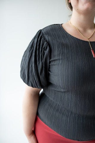 TEXTURED LONG CROP BLOUSE WITH BUBBLE SLEEVE IN LEAD - Love Marlow