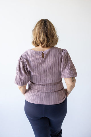 TEXTURED LONG CROP BLOUSE WITH BUBBLE SLEEVE IN PALISADE ORCHID - 2x - Love Marlow