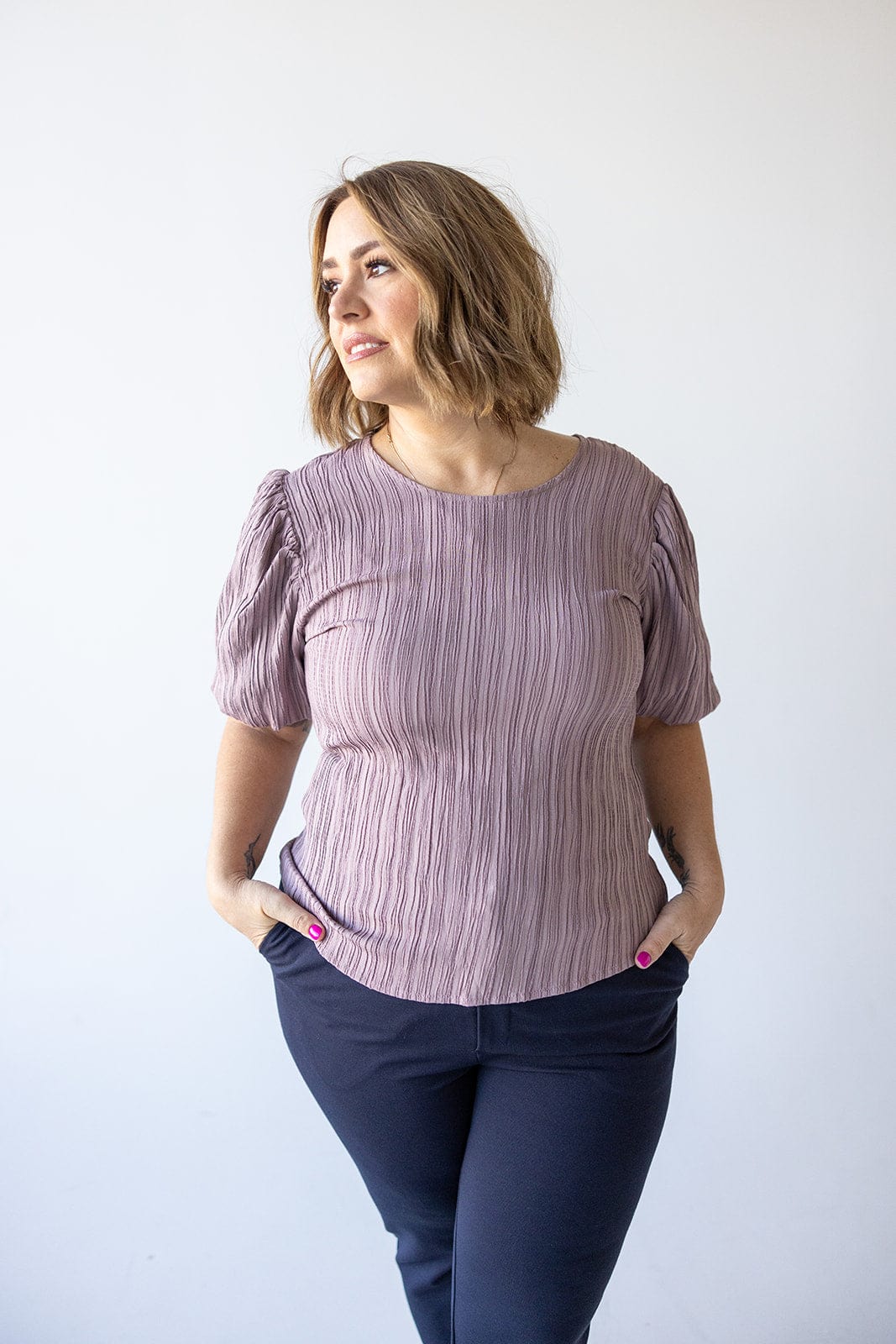 TEXTURED LONG CROP BLOUSE WITH BUBBLE SLEEVE IN PALISADE ORCHID - 2x - Love Marlow
