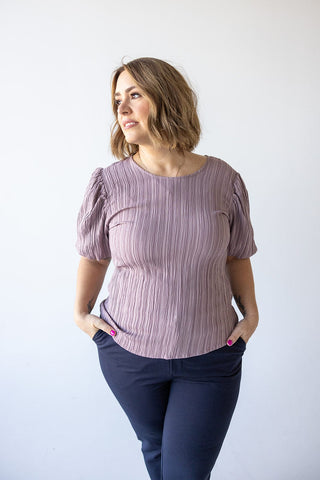 TEXTURED LONG CROP BLOUSE WITH BUBBLE SLEEVE IN PALISADE ORCHID - 2x - Love Marlow