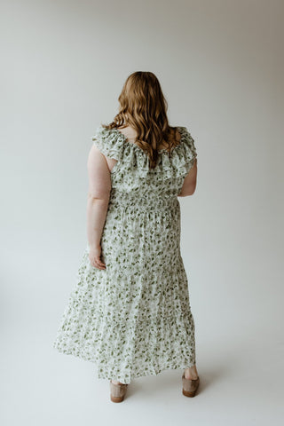 TEXTURED MIDI LENGTH DRESS WITH RUFFLE NECKLINE - Love Marlow