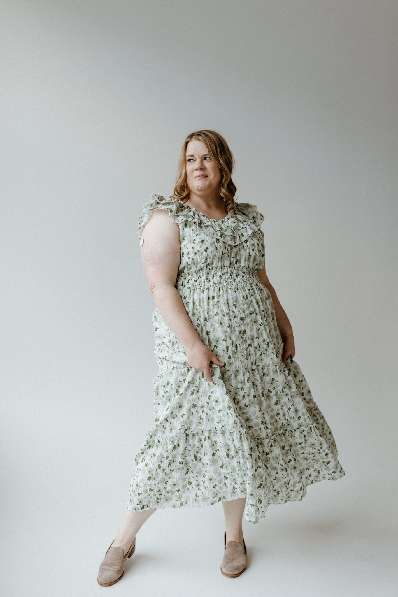 TEXTURED MIDI LENGTH DRESS WITH RUFFLE NECKLINE - Love Marlow