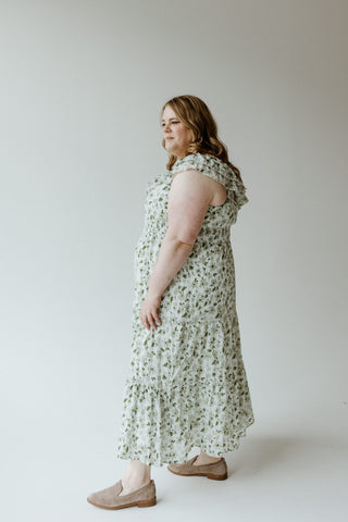 TEXTURED MIDI LENGTH DRESS WITH RUFFLE NECKLINE - Love Marlow