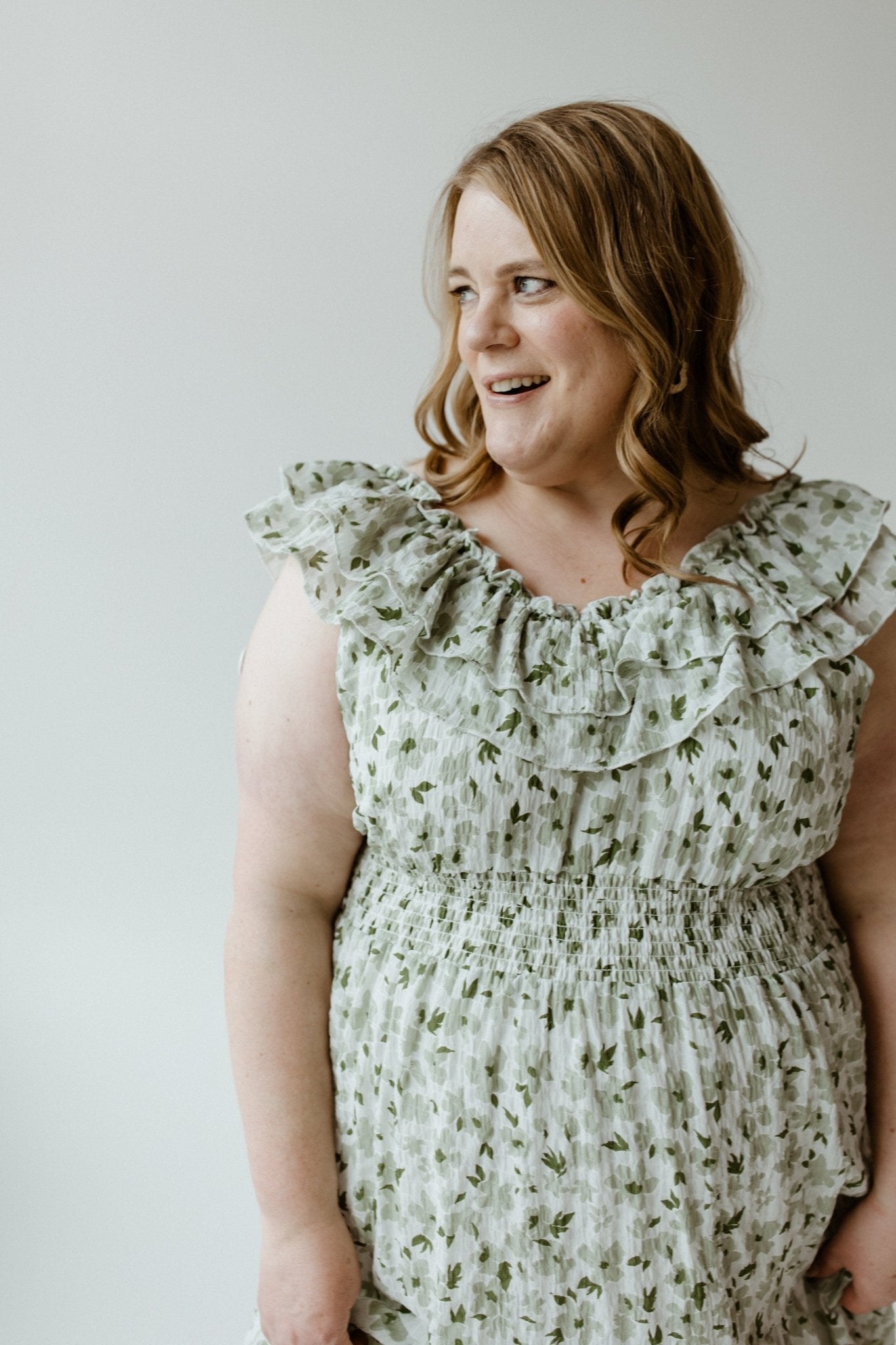 TEXTURED MIDI LENGTH DRESS WITH RUFFLE NECKLINE - Love Marlow