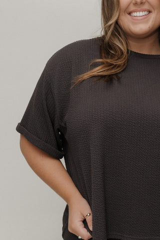 TEXTURED OVERSIZED TEE WITH ROLLED CUFF IN DEEP CHARCOAL - Love Marlow