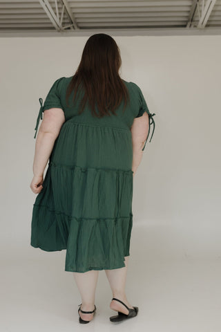 TEXTURED SMOCKED BODICE MIDI LENGTH DRESS - Love Marlow