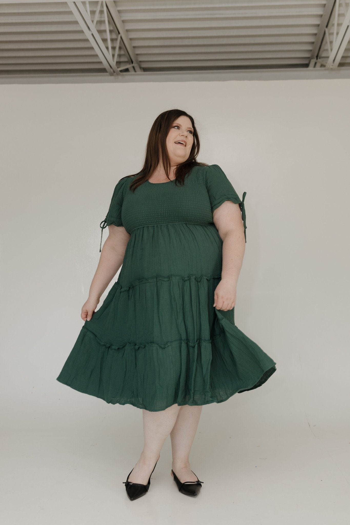 TEXTURED SMOCKED BODICE MIDI LENGTH DRESS - Love Marlow