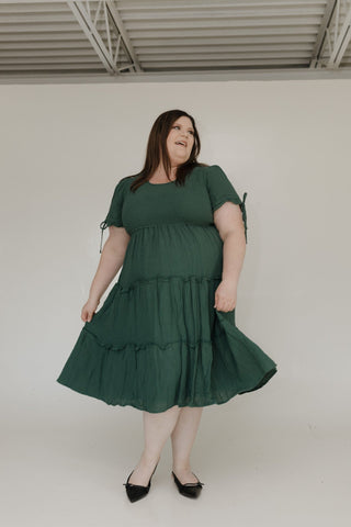 TEXTURED SMOCKED BODICE MIDI LENGTH DRESS - Love Marlow