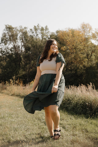 TEXTURED SMOCKED BODICE MIDI LENGTH DRESS - Love Marlow