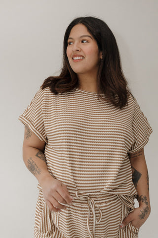 Textured Striped Dolman Sleeve Tee – Camel & Cream - Love Marlow
